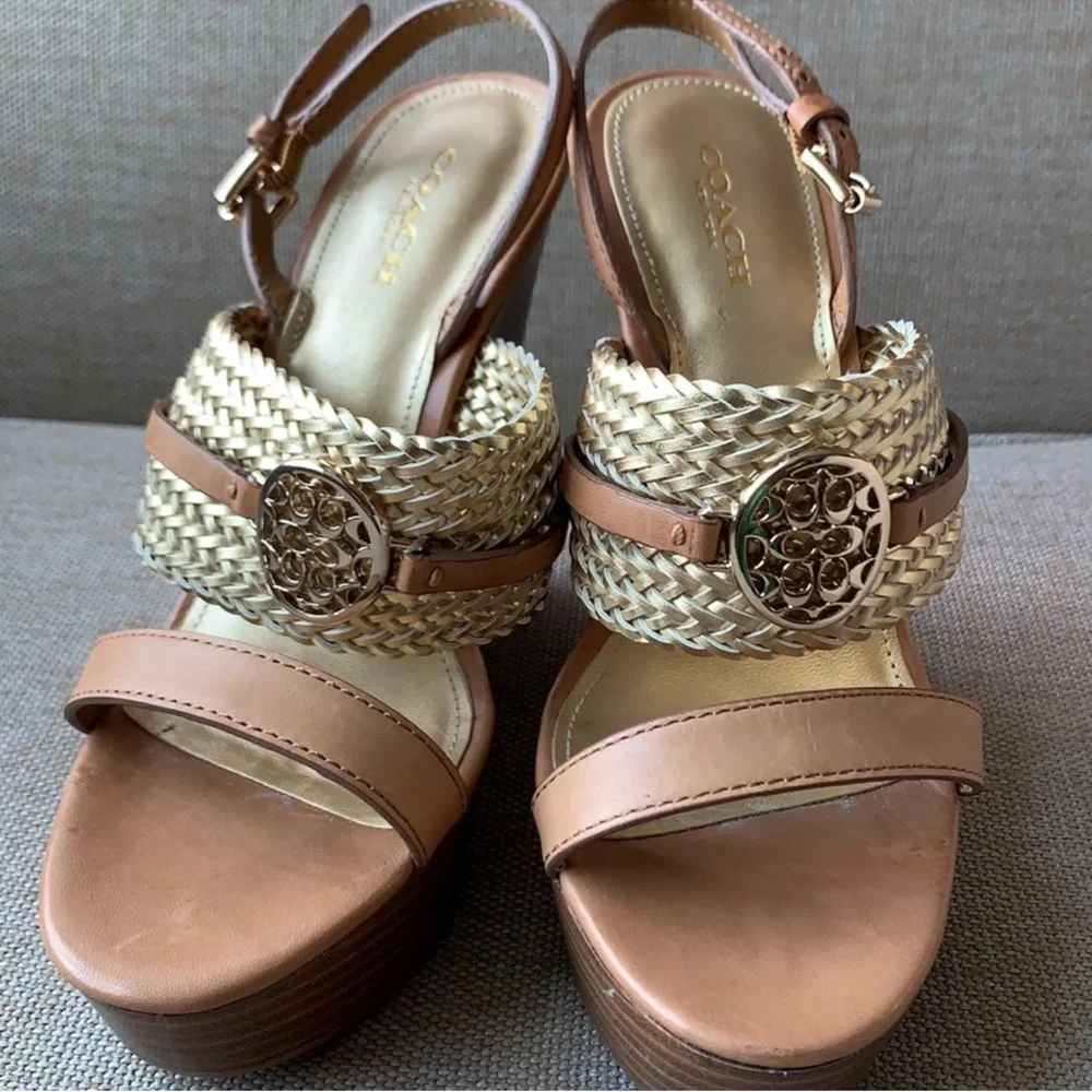 Gorgeous EUC Coach Women's Gold and Tan Wedge Sandals